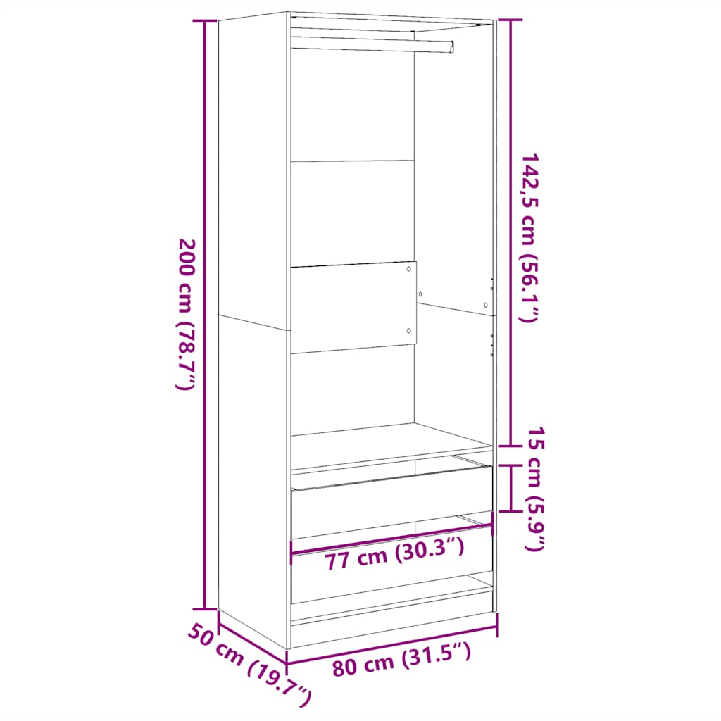 klædeskab 80x50x200 cm konstrueret træ egetræsfarve