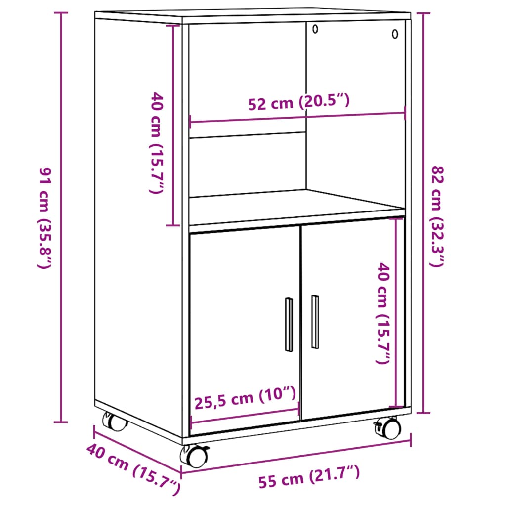rullebord 55x40x91 cm konstrueret træ brun egetræsfarve