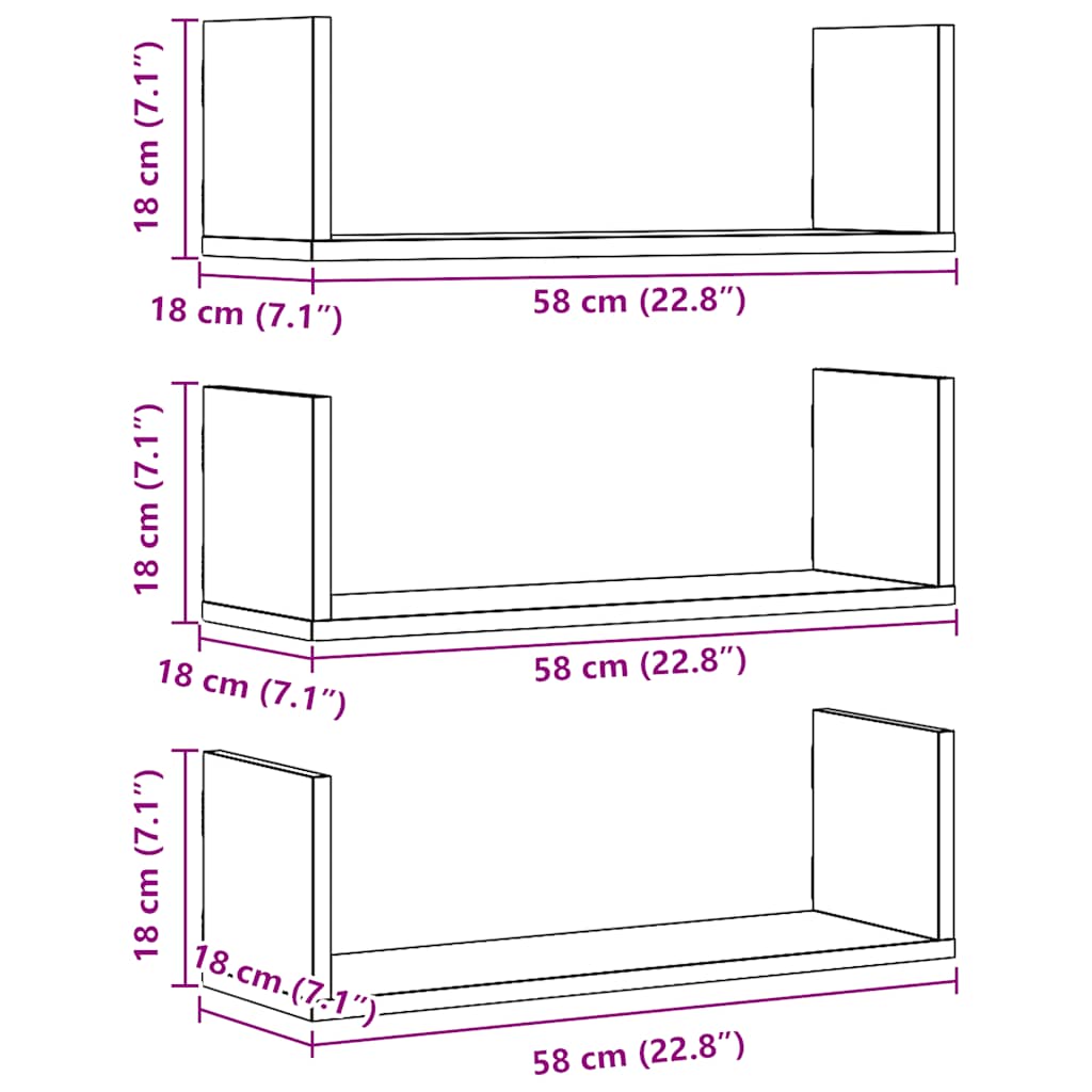 væghylder 3 stk. 58x18x18 cm konstrueret træ egetræsfarve