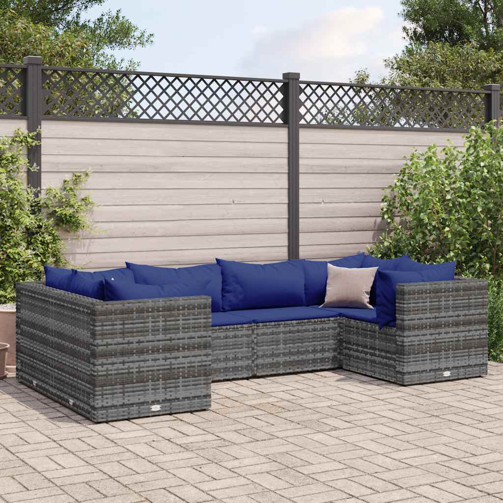 loungesæt til haven 6 dele med hynder polyrattan grå