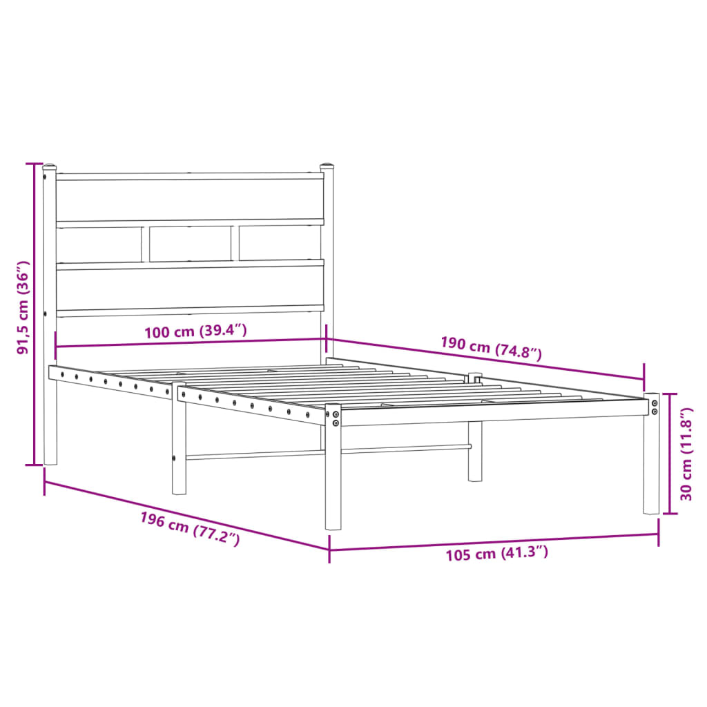 sengeramme uden madras 100x190 cm metal røget egetræsfarve