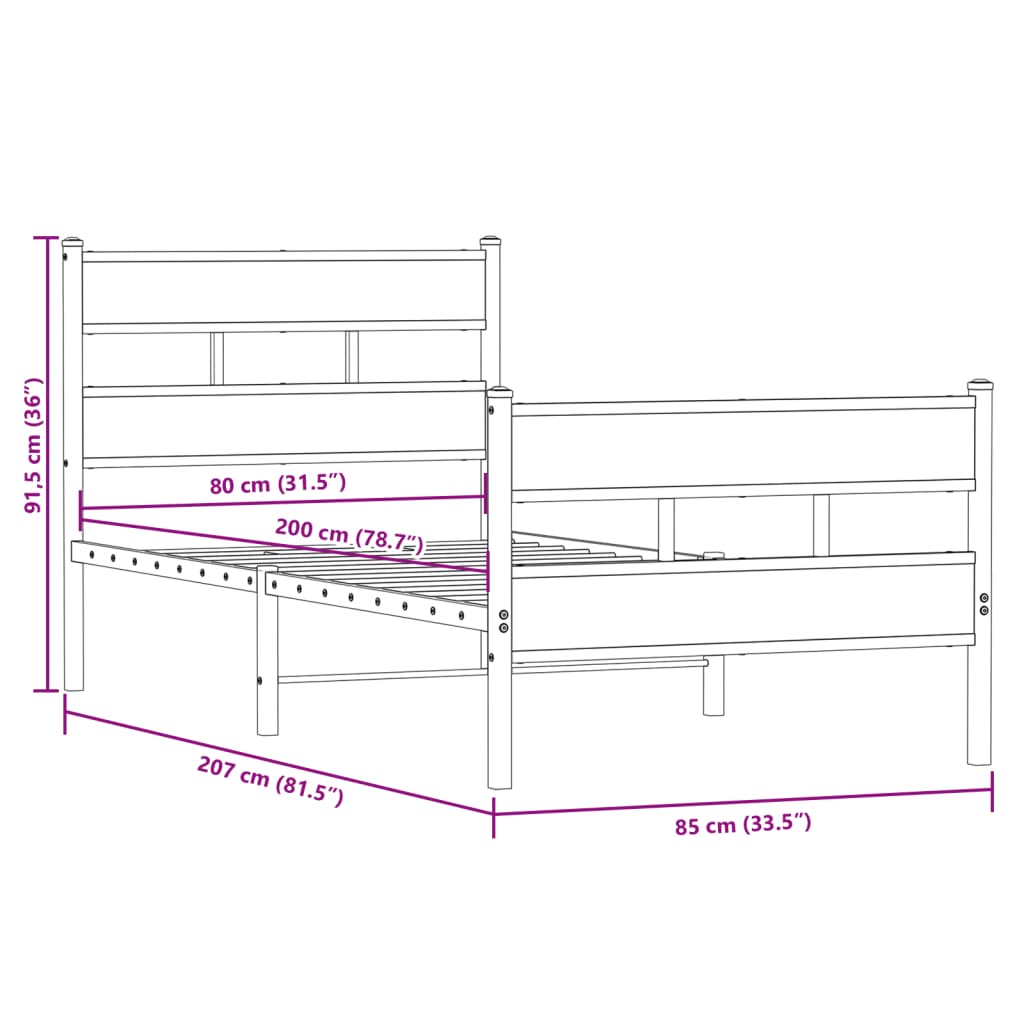 sengeramme uden madras 80x200 cm metal røget egetræsfarve