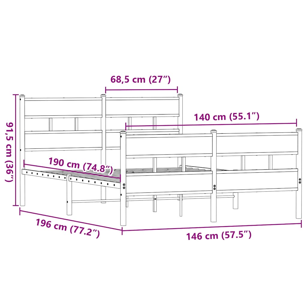 sengeramme uden madras 140x190 cm metal røget egetræsfarve