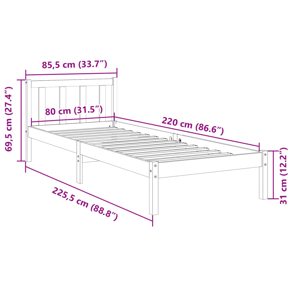 ekstra lang sengeramme uden madras 80x220 cm massivt fyrretræ