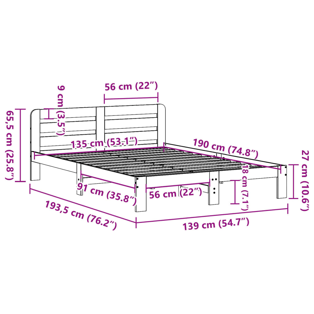 sengeramme uden madras 135x190 cm massivt fyrretræ hvid