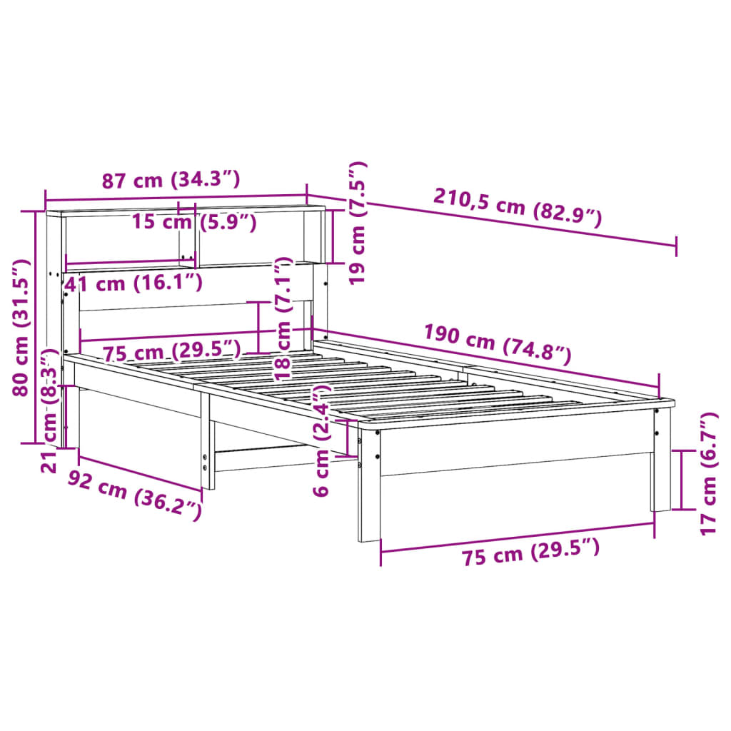 seng med reol uden madras 75x190 cm massivt fyrretræ hvid