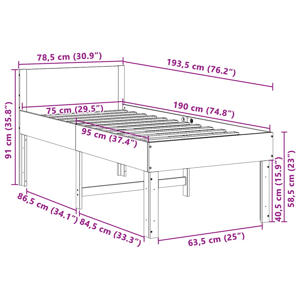 sengeramme uden madras 75x190 cm massivt fyrretræ