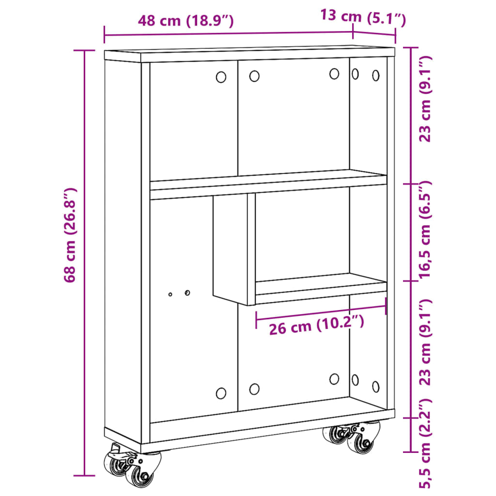 smal opbevaringsvogn 48x13x68 cm konstrueret træ sort