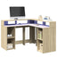 skrivebord med LED-lys 130x130x91 cm konstrueret træ sonoma-eg