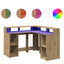skrivebord med LED-lys 130x130x91 cm konstrueret træ gammelt eg