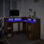 skrivebord med LED-lys 130x130x91 cm konstrueret træ gammelt eg