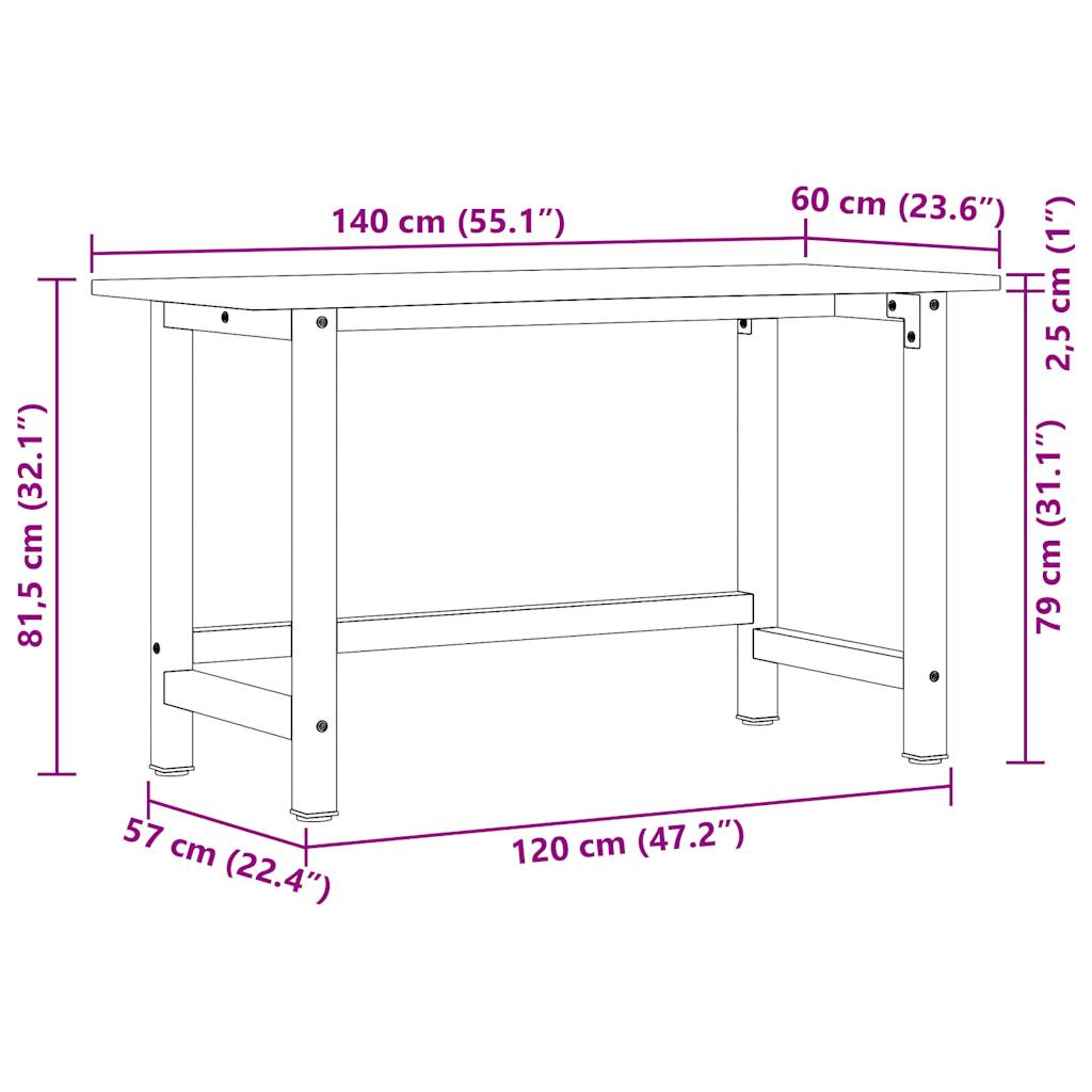arbejdsbænk 140x60x81,5 cm massivt egetræ rektangulær lysebrun