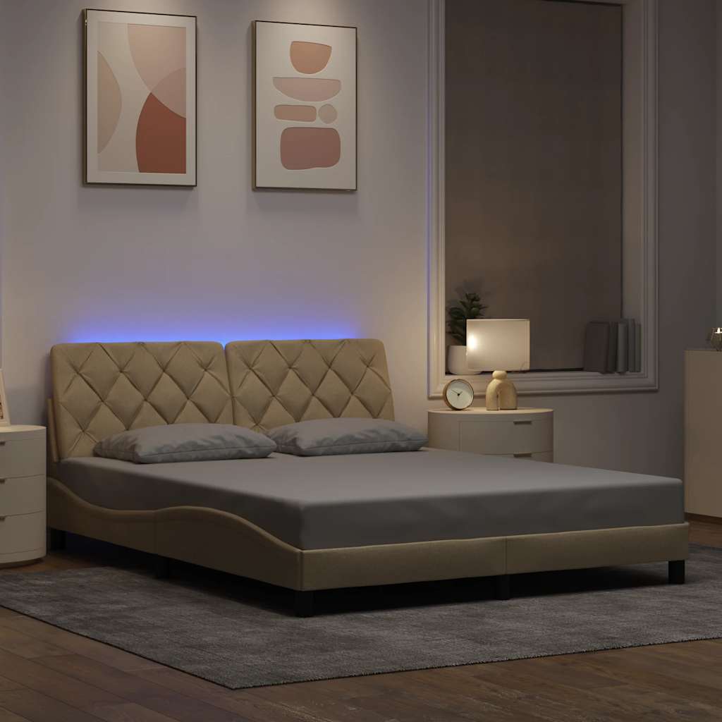 sengeramme med LED uden madras 160x200 cm stof cremefarvet