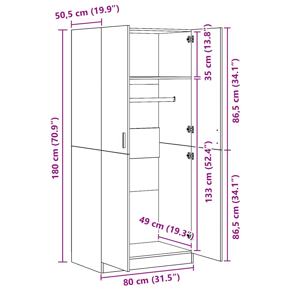 klædeskab 80x52x180 cm konstrueret træ egetræslook