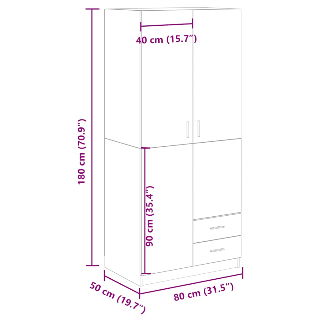 klædeskab 80x52x180 cm konstrueret træ egetræslook
