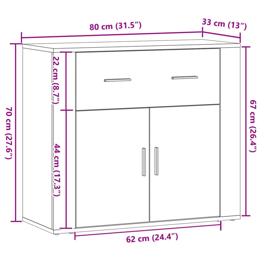 skænk 80x33x70 cm konstrueret træ egetræsfarve