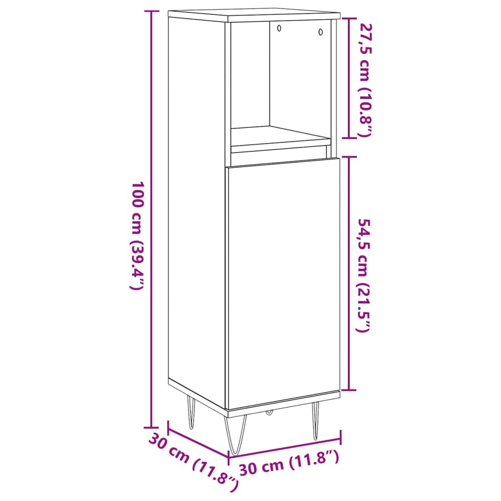 badeværelsesskab 30x30x100 cm konstrueret træ gammelt trælook