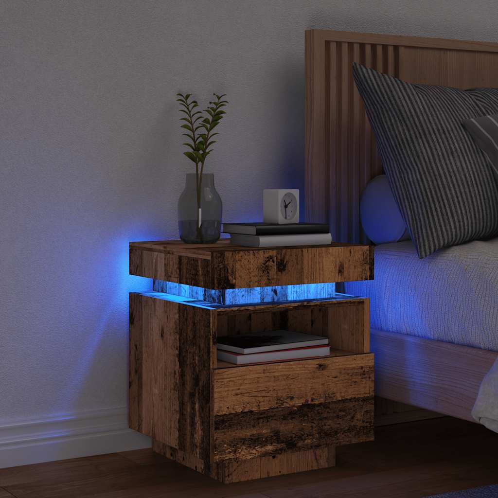 sengebord med LED-lys 40x39x48,5 cm antikt træ billede
