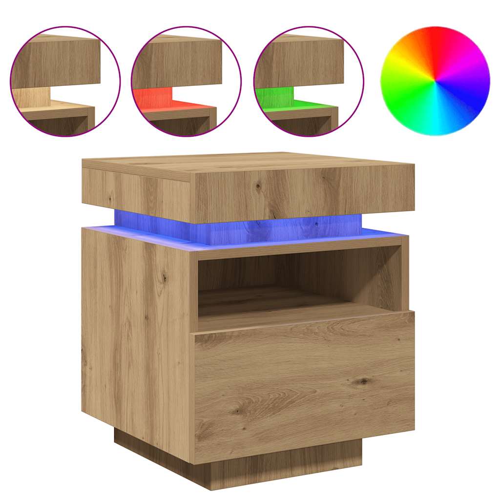 sengebord med LED-lys 40x39x48,5 cm kunsteg