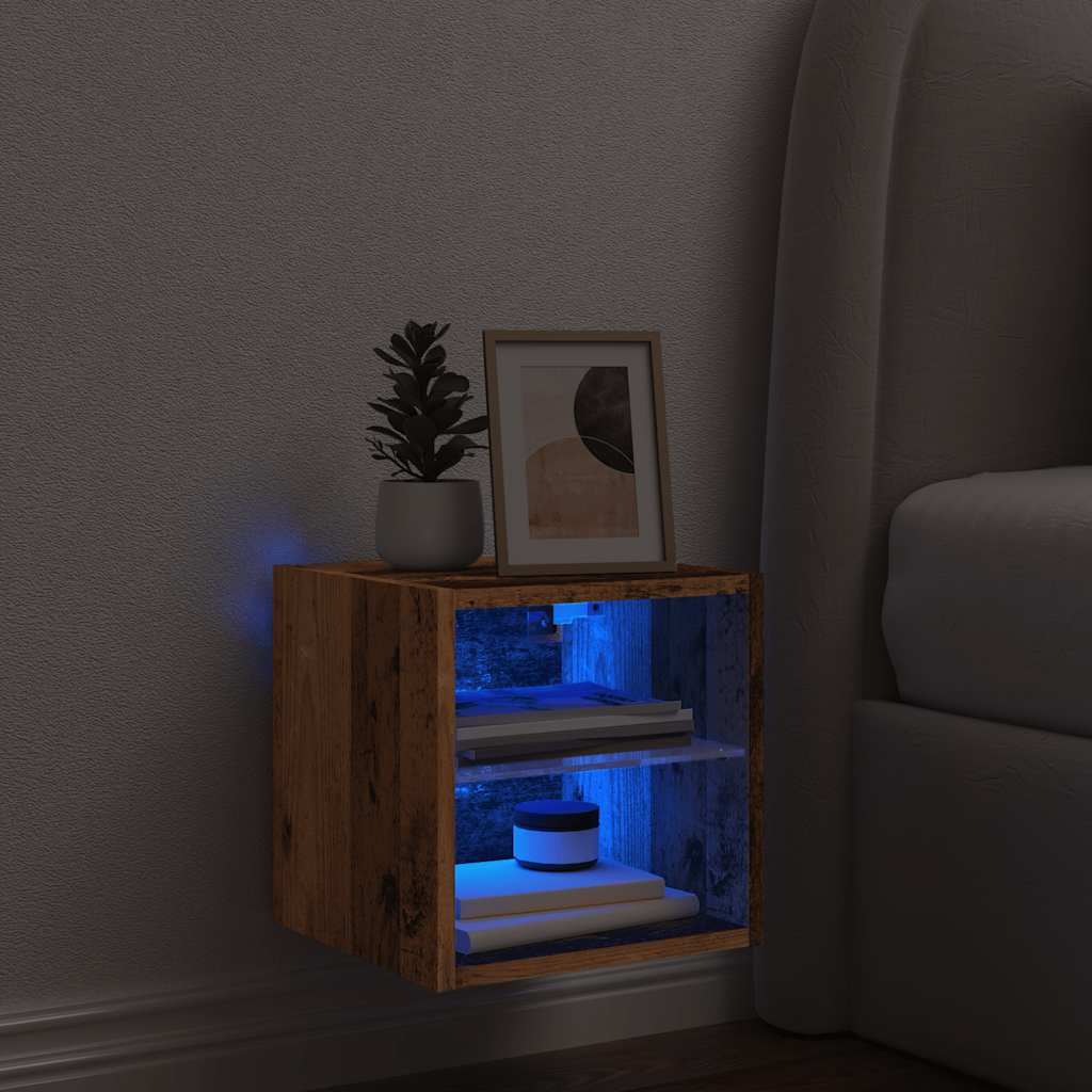væghængt tv-bord med LED-lys 30x28,5x30 cm gammelt træ