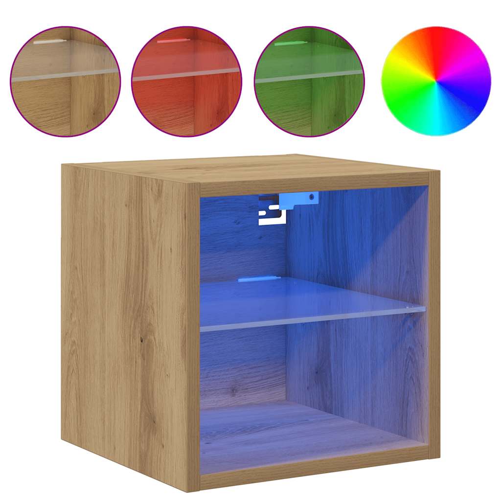 væghængt tv-bord med LED-lys 30x28,5x30 cm artisan egetræsfarve