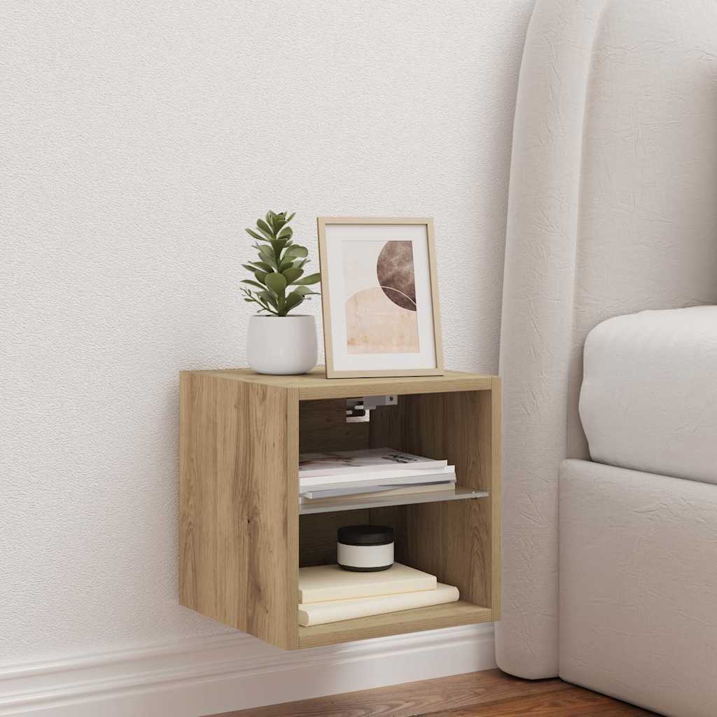 væghængt tv-bord med LED-lys 30x28,5x30 cm artisan egetræsfarve