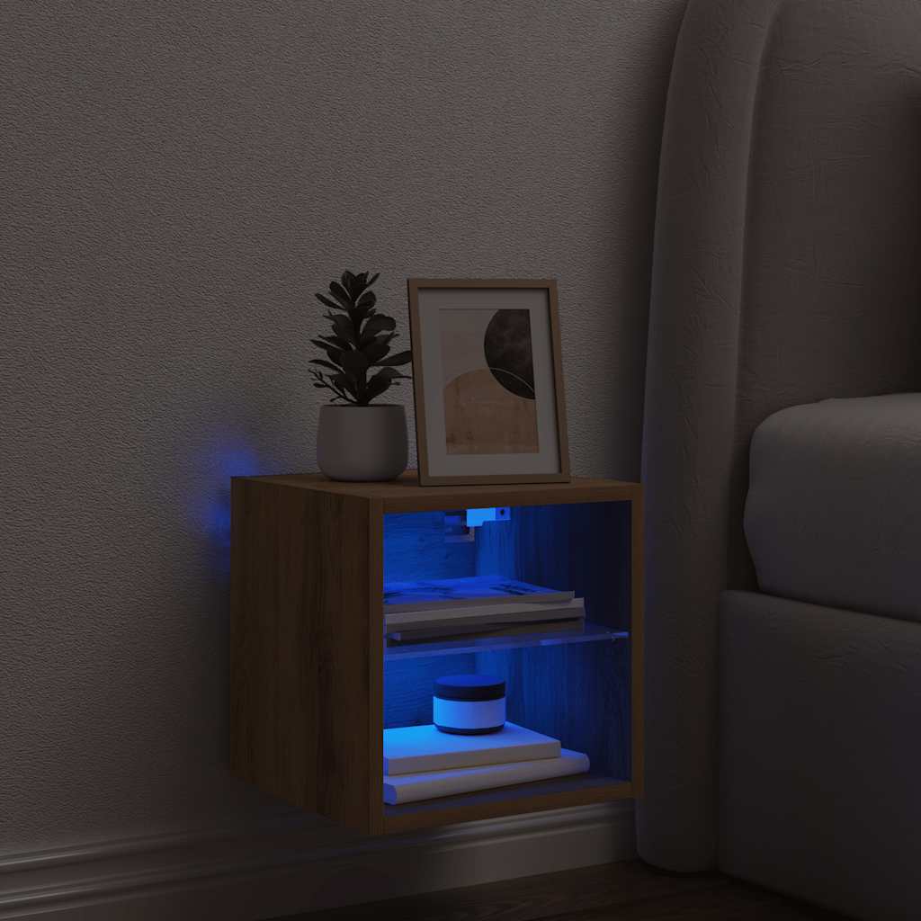 væghængt tv-bord med LED-lys 30x28,5x30 cm artisan egetræsfarve