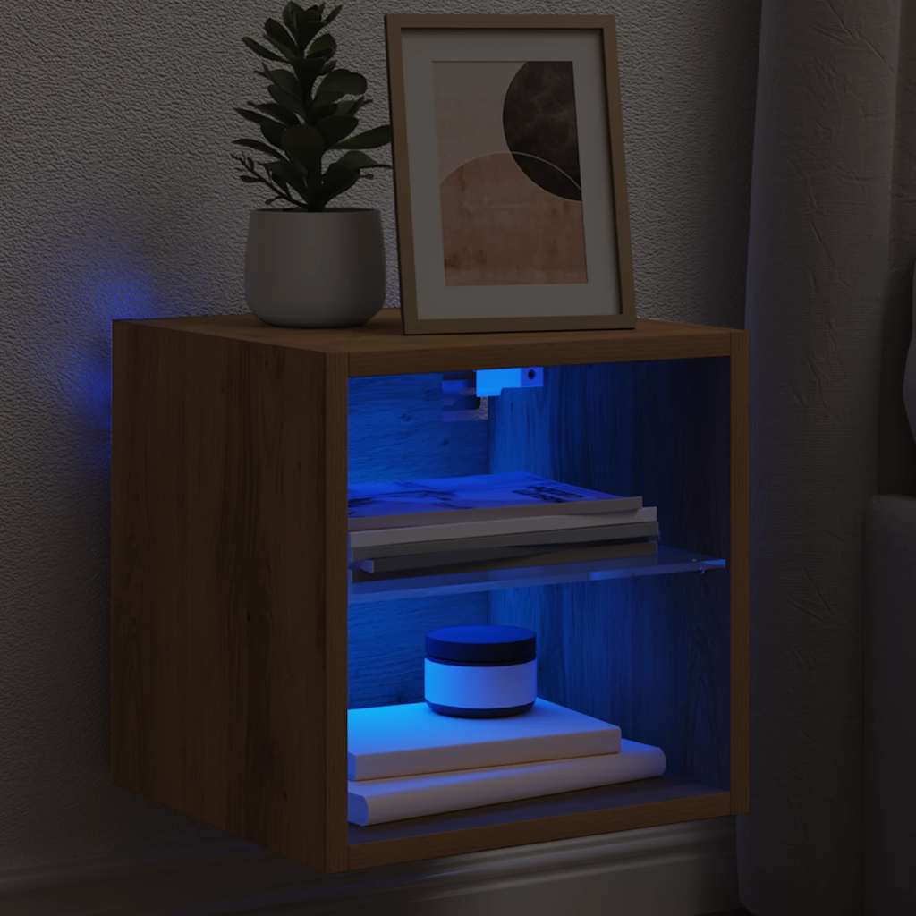 væghængt tv-bord med LED-lys 30x28,5x30 cm artisan egetræsfarve