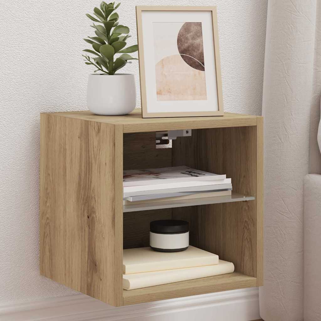 væghængt tv-bord med LED-lys 30x28,5x30 cm artisan egetræsfarve