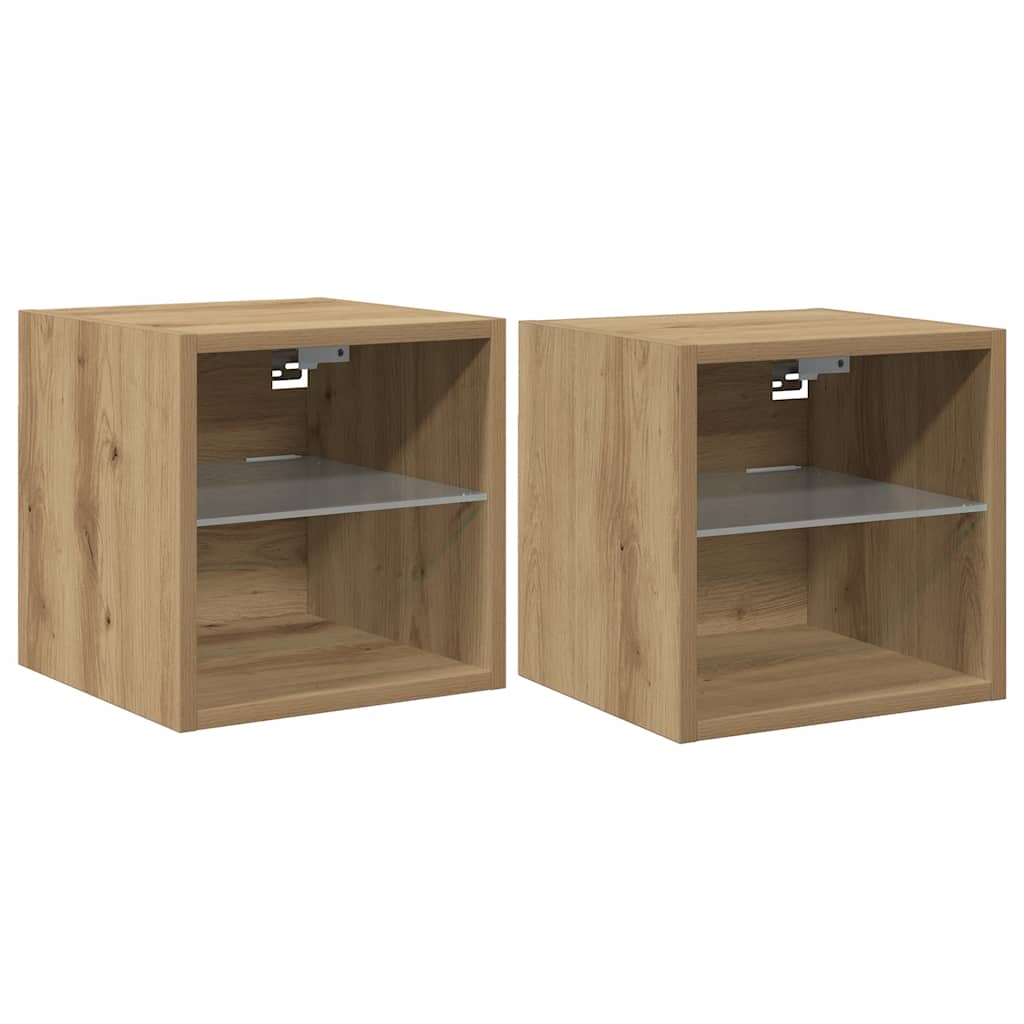 væghængte tv-borde 2 stk. med LED-lys 30x28,5x30 cm artisan eg