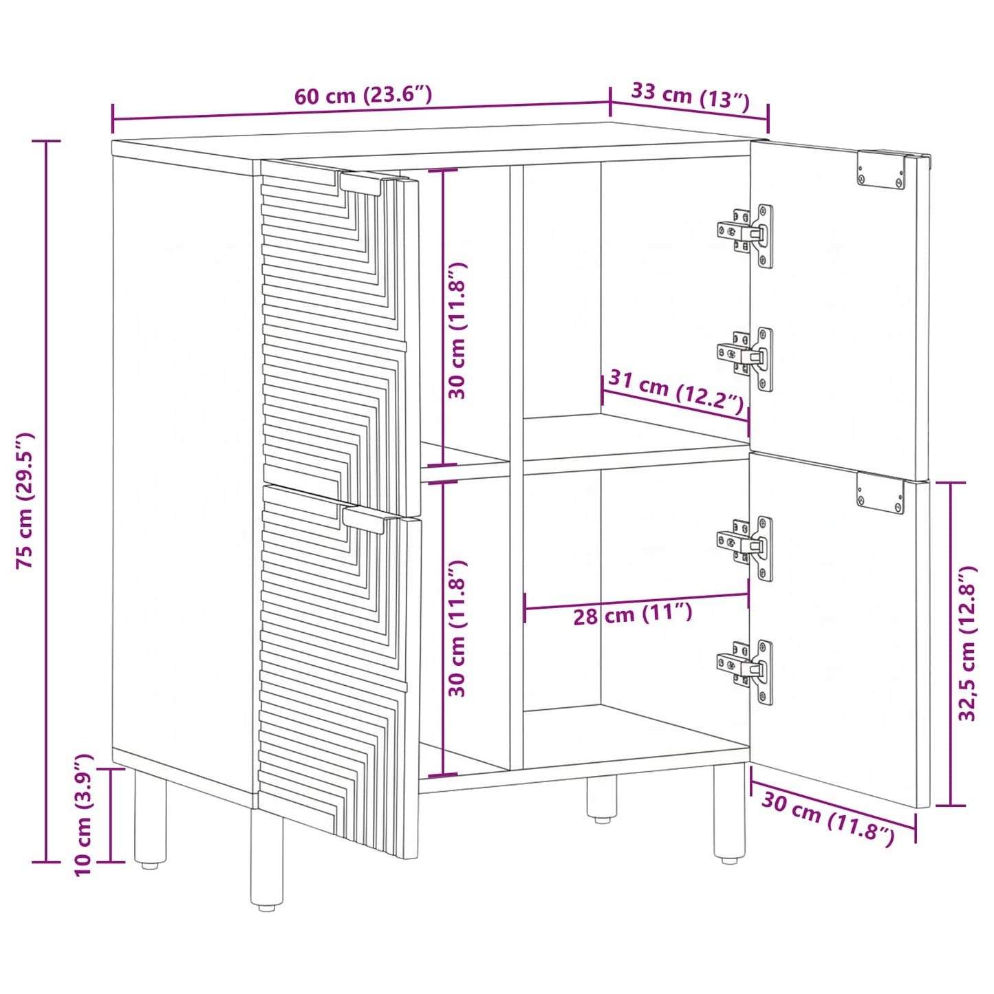 Sideboard med hylde Brun 60 x 33,5 x 75 cm Massivt mangotræ