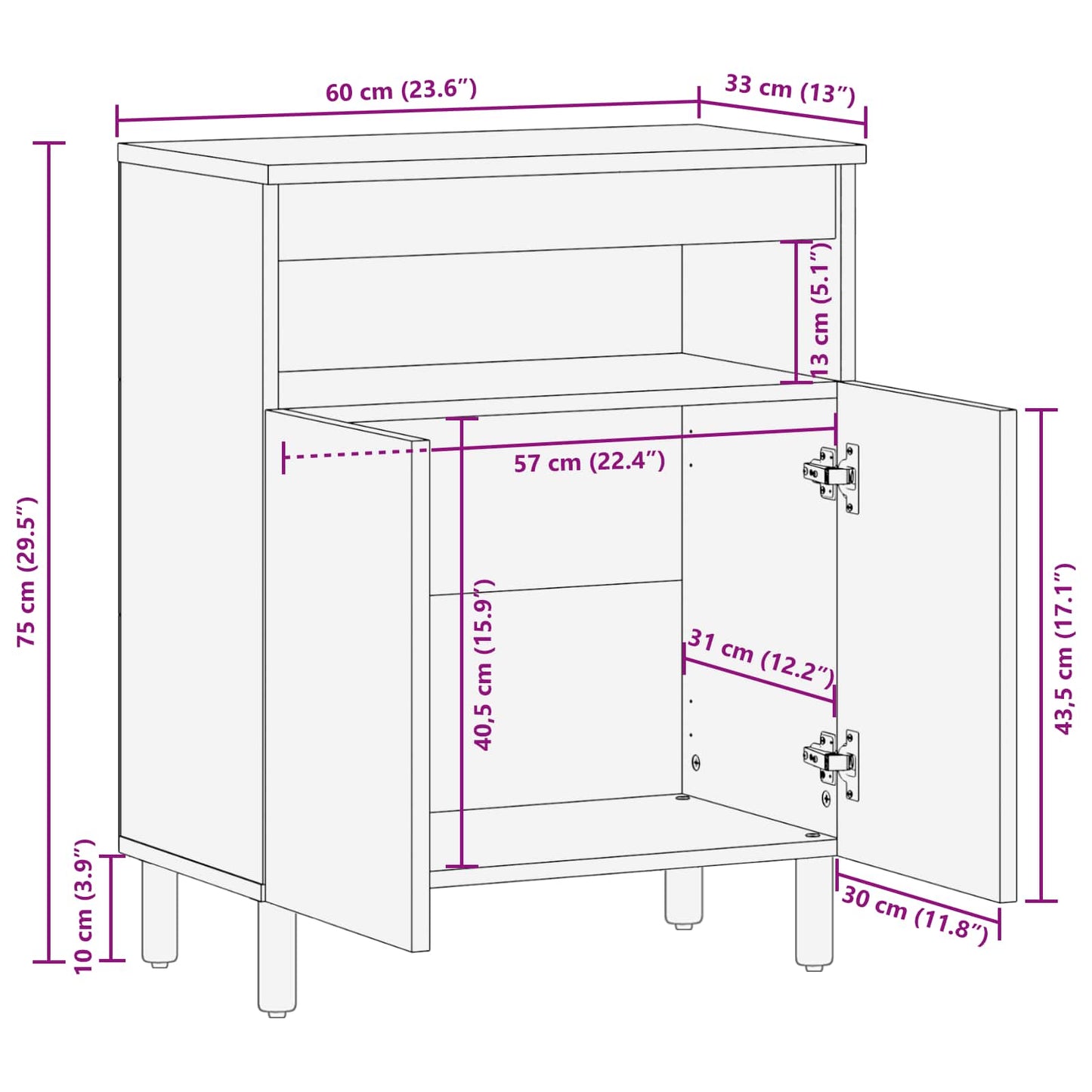 Sideboard Hvid Vask Finish 60 x 33 x 75 cm Massivt mangotræ