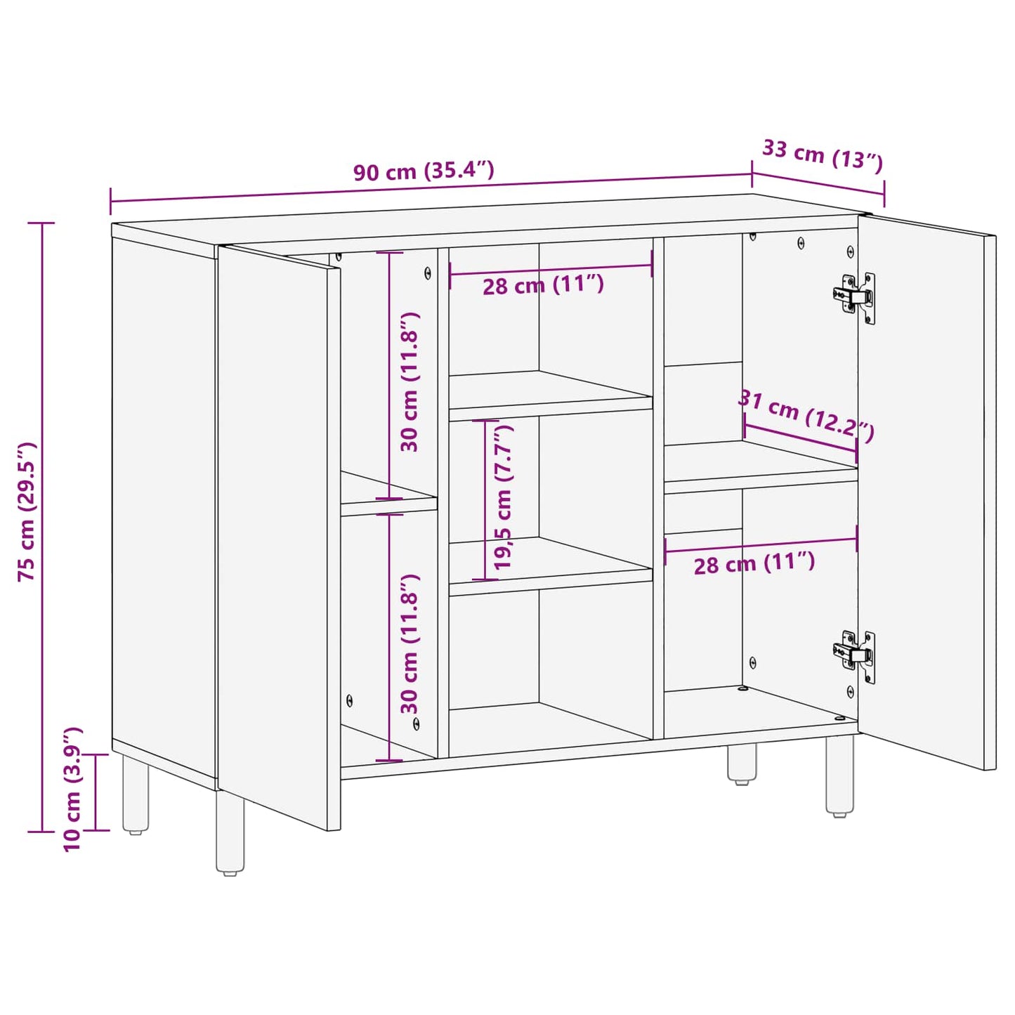 Sideboard Acacia Brun Finish 90 x 33 x 75 cm Massivt mangotræ