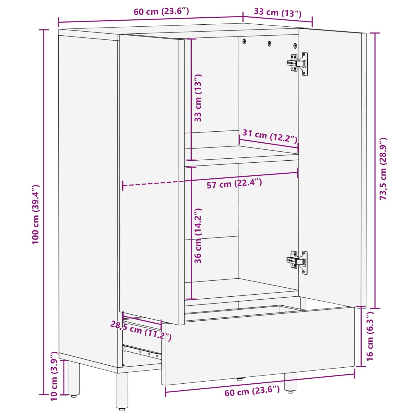 Highboard Acacia Brun Finish 60 x 33 x 100 cm Massivt mangotræ