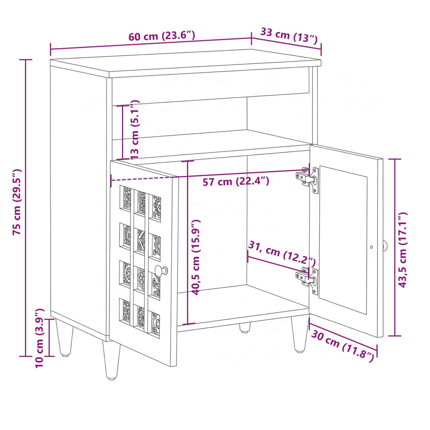 Sideboard Naturfarvet 60 x 33,5 x 75 cm Massivt mangotræ