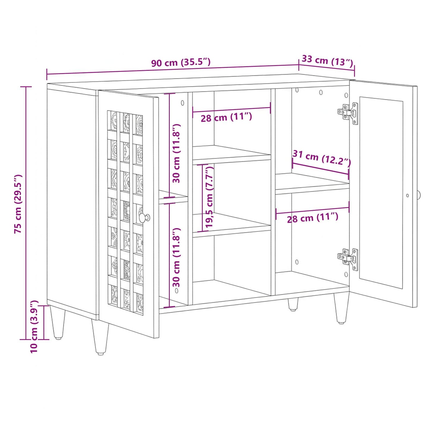 Sideboard med dør Naturfarvet 90 x 33 x 75 cm Massivt mangotræ