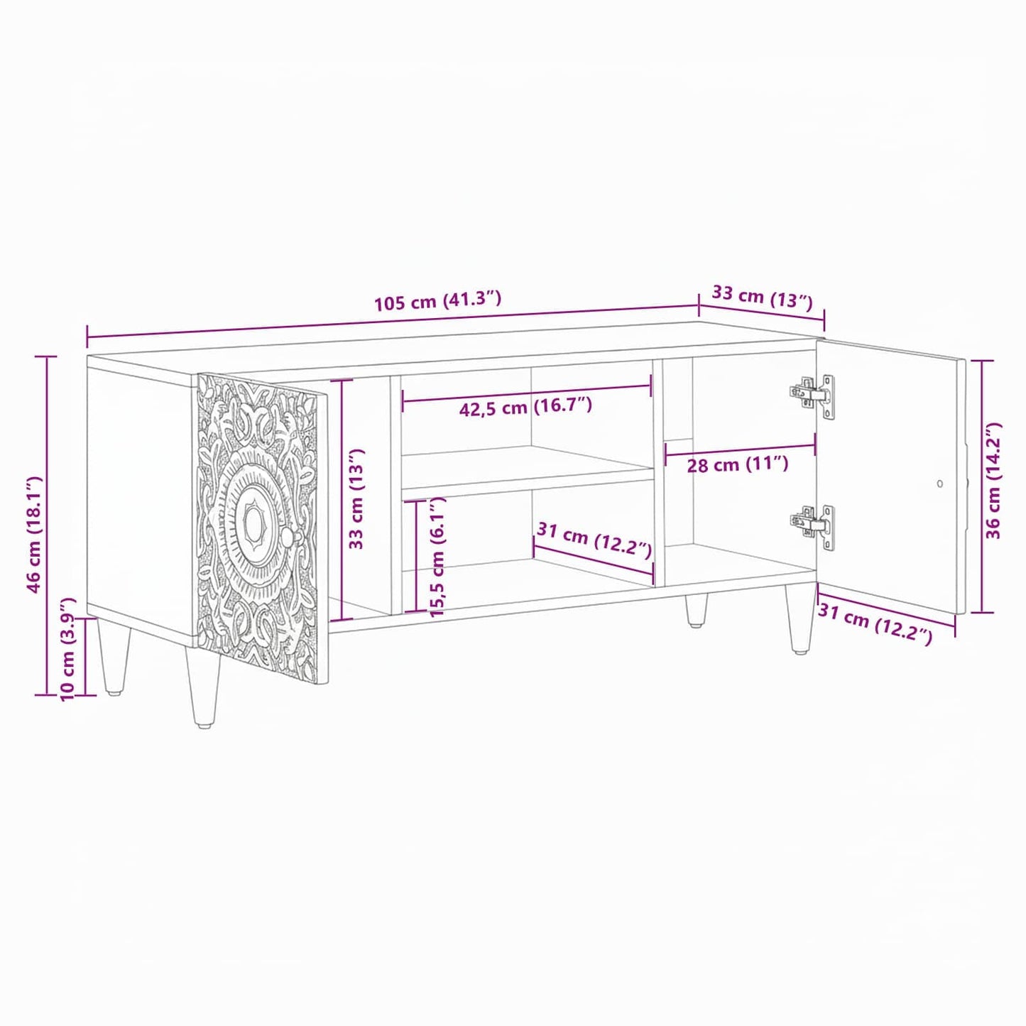 TV-skab med opbevaring Hvid 105 x 33,5 x 46 cm Massivt mangotræ