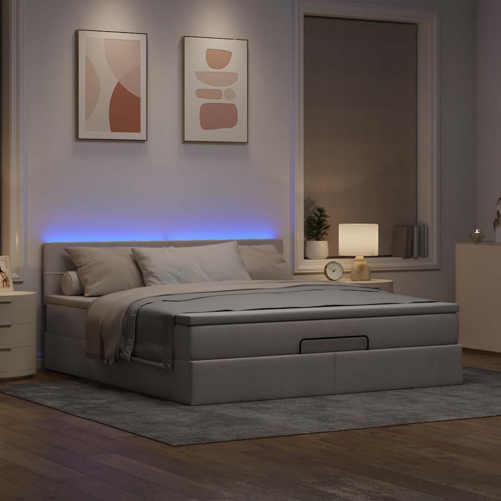 ottoman seng med madras & LEDs 180x200cm stof gråbrun