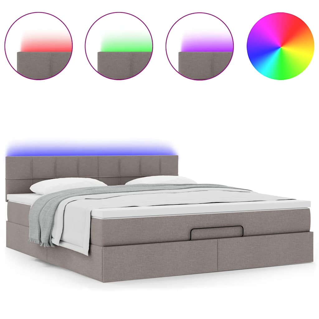 ottoman seng med madras & LEDs 180x200cm stof gråbrun