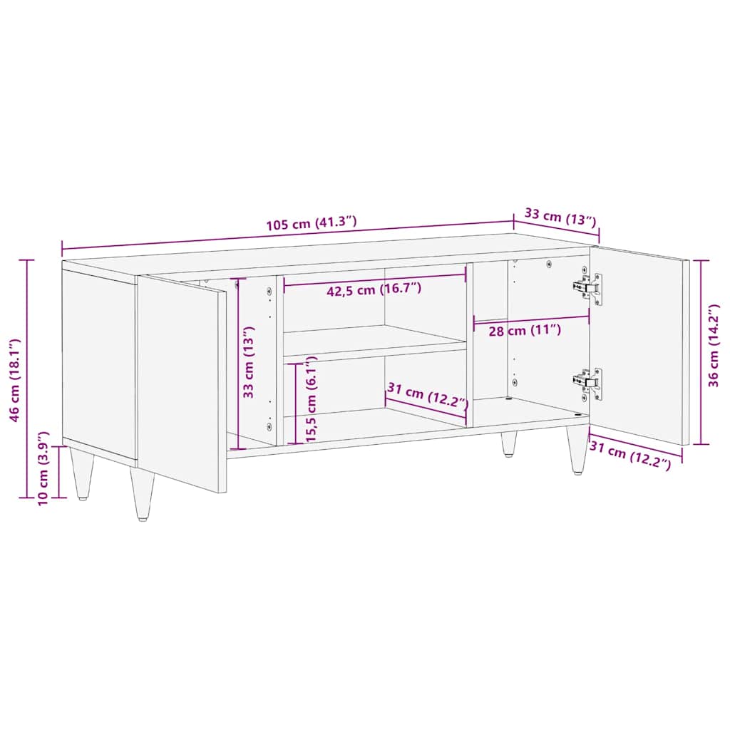 TV-skab med hylde Sort 105 x 33 x 46 cm Massivt mangotræ
