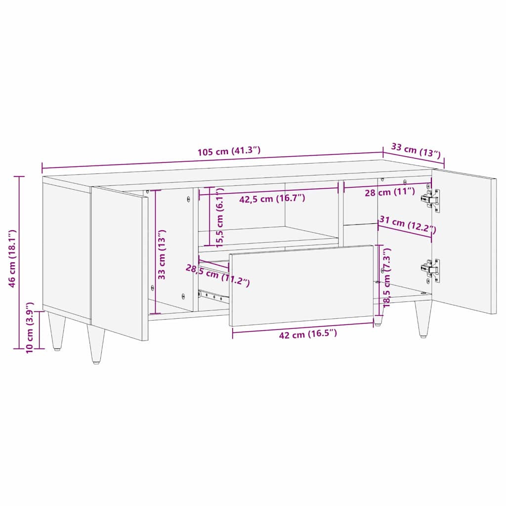 TV-skab med skuffe Sort 105 x 33 x 46 cm Massivt mangotræ