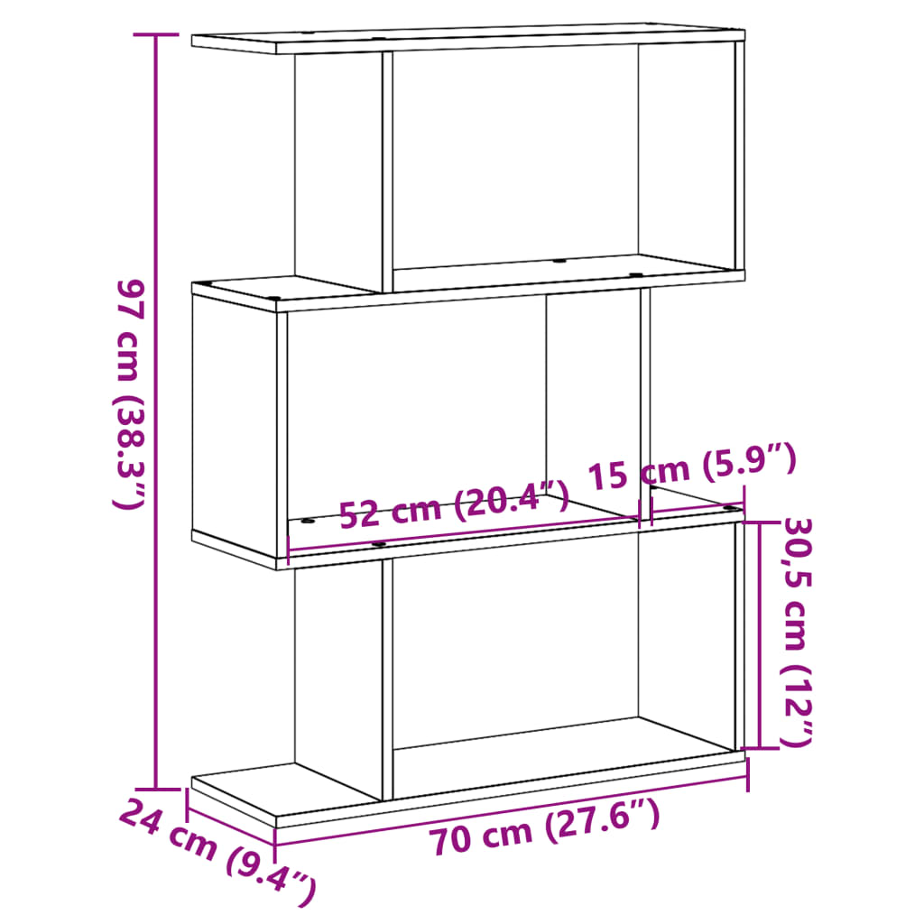 bogreol/rumdeler 70x24x97cm 3niveauer konstrueret træ sonoma-eg