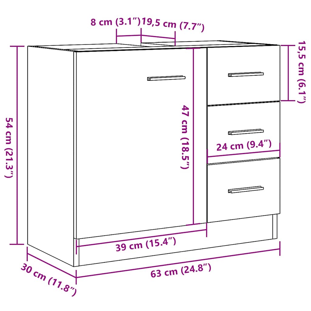 underskab til vask 63x30x54 cm konstrueret træ gammelt eg