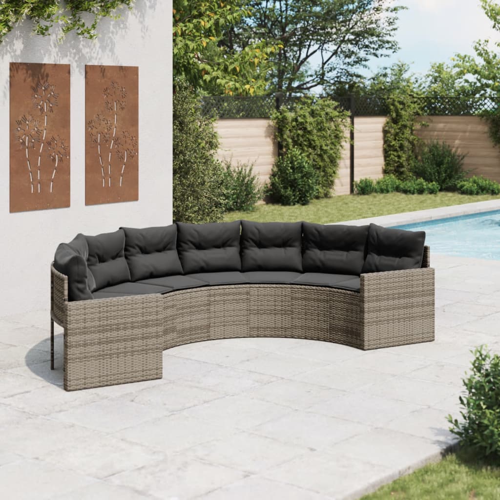 havesofa med hynder halvrund polyrattan grå