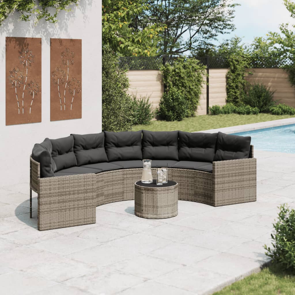 havesofa med bord og hynder halvrund polyrattan grå billede