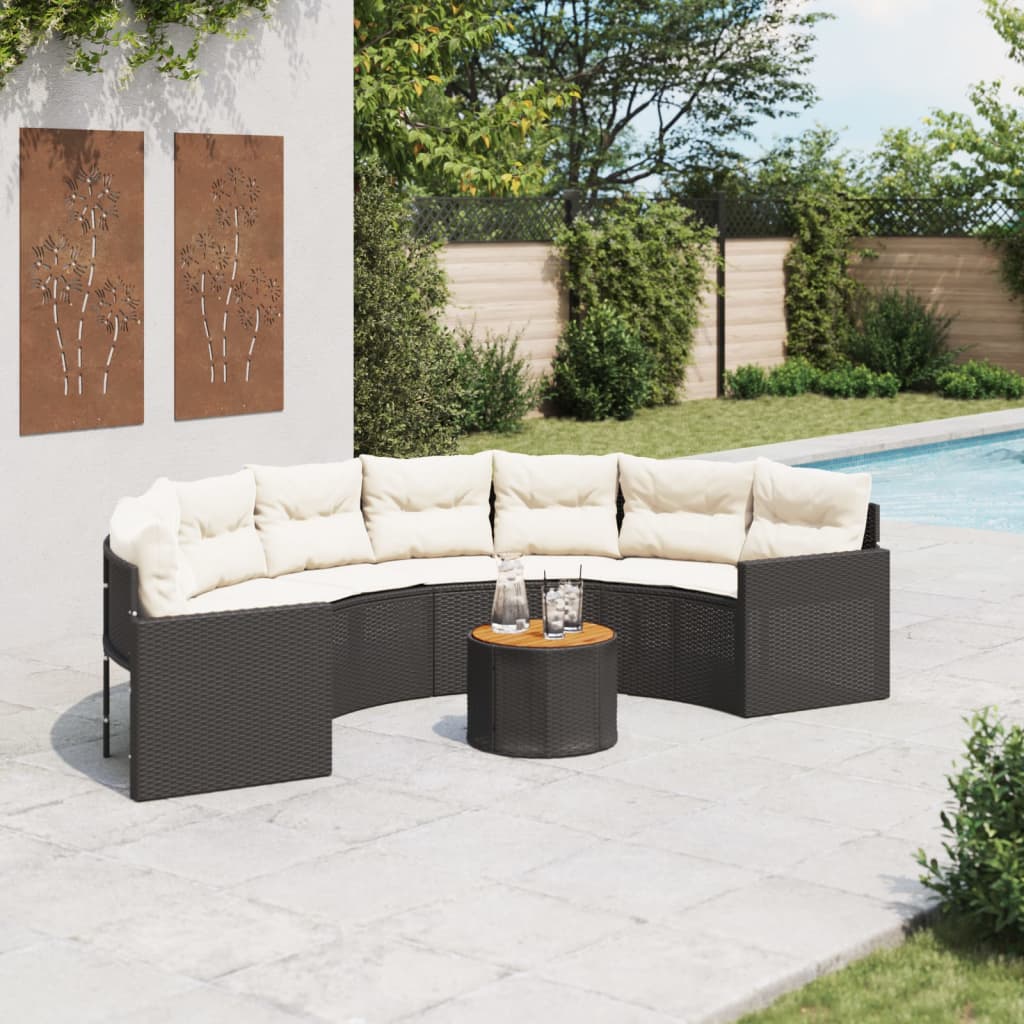 havesofa med bord og hynder halvrund polyrattan sort billede