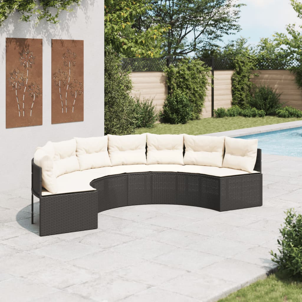 havesofa med hynder halvrund polyrattan sort billede