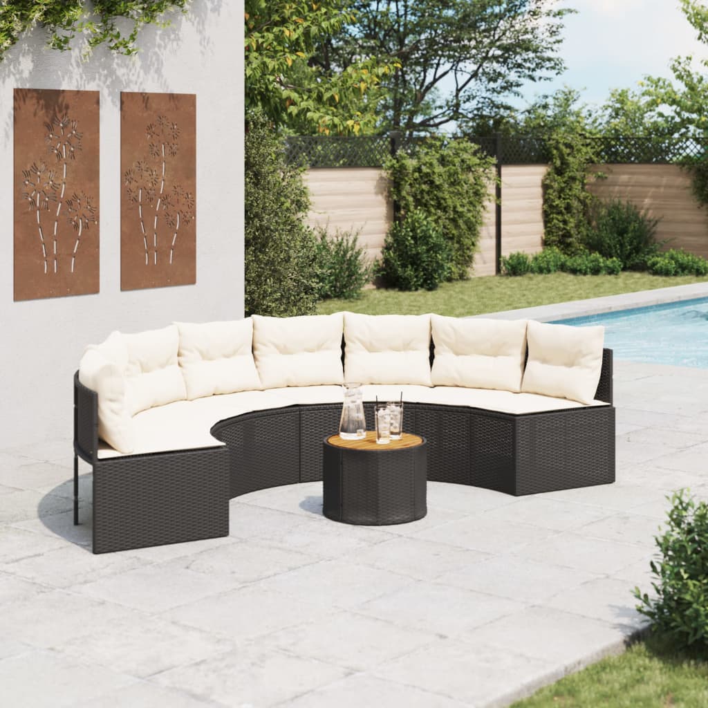 havesofa med bord og hynder halvrund polyrattan sort