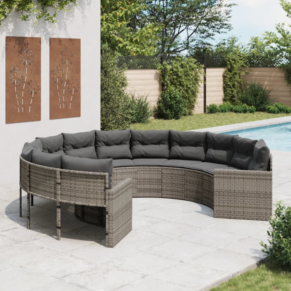 havesofa med hynder rund polyrattan grå billede