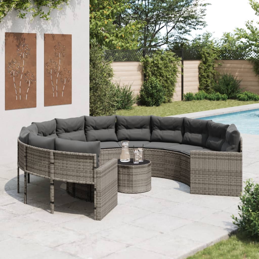 havesofa med bord og hynder rund polyrattan grå billede